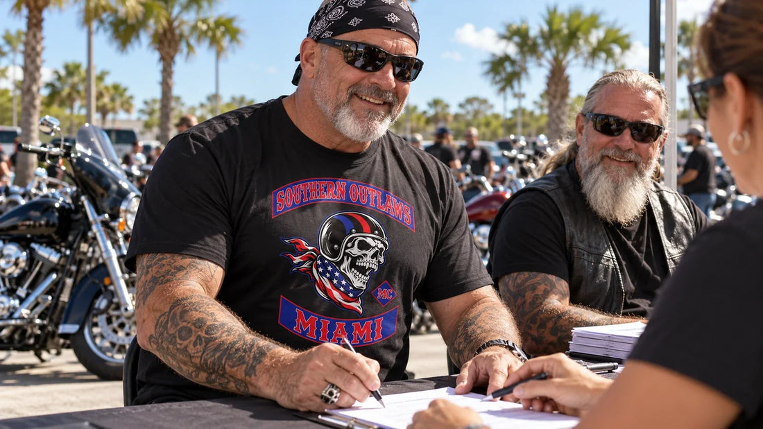 Florida riders organize charity poker-run registration in motorcycle club performance shirts with an integrated Southern Outlaws Miami logo.
