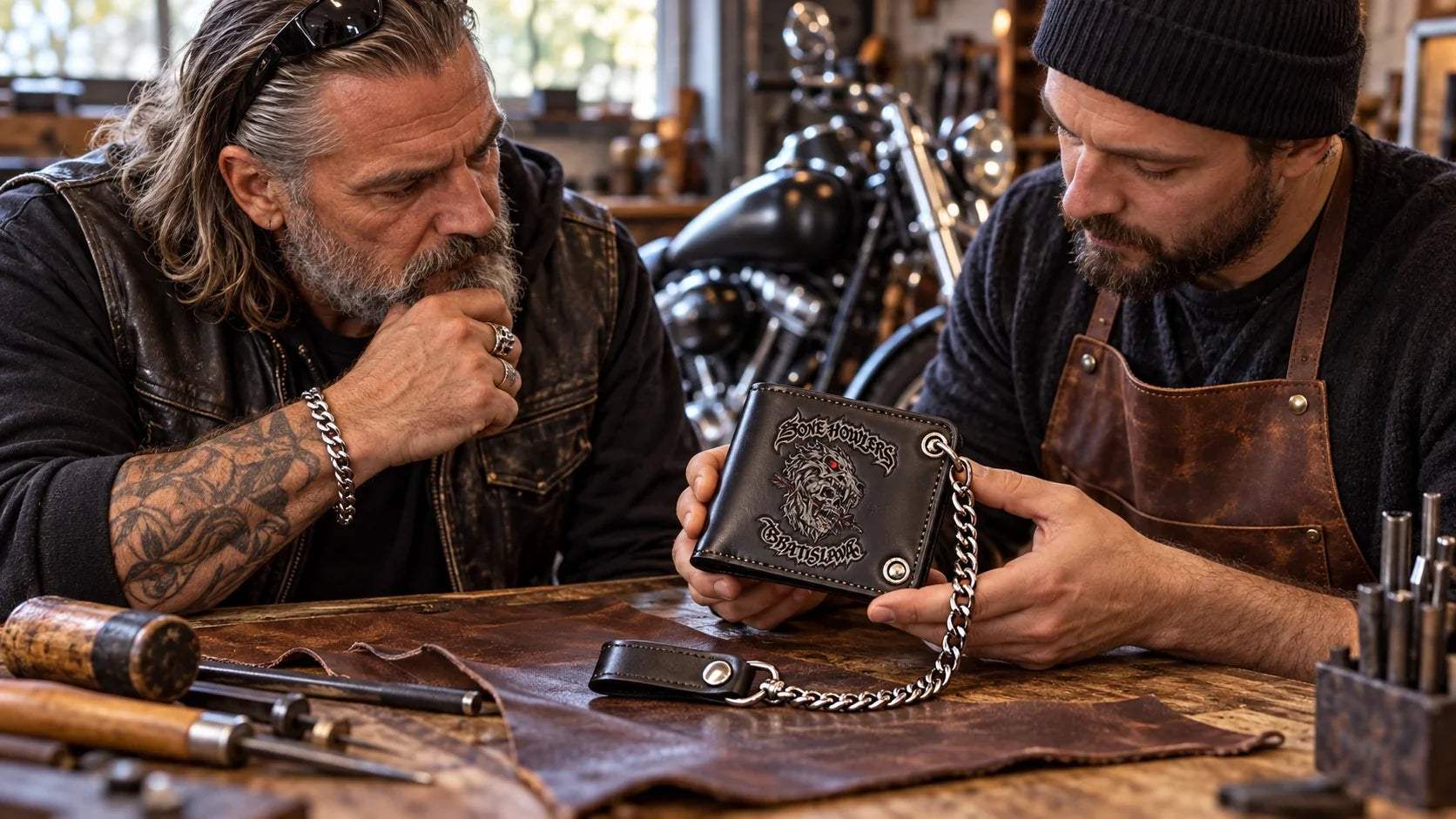 Bone Howlers editorial scene illustrating motorcycle wallet chains, function, fit and safe styling: featured.
