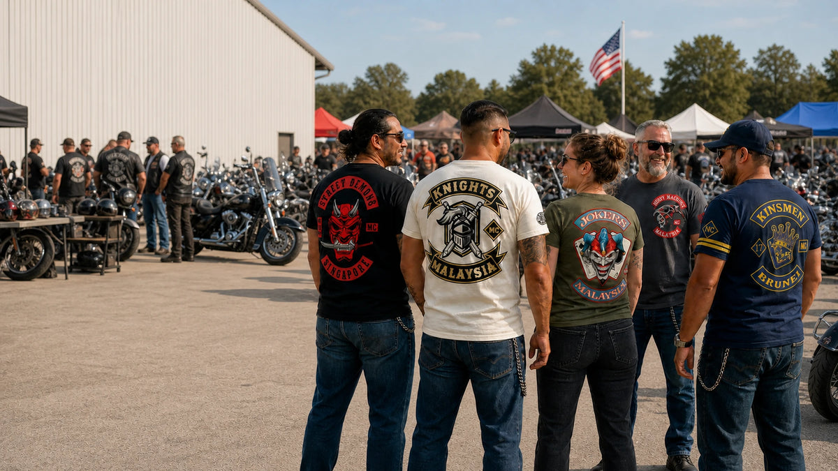 Multiple motorcycle clubs displaying colorful custom short-sleeve T-shirts at a large American V-twin motorcycle rally.