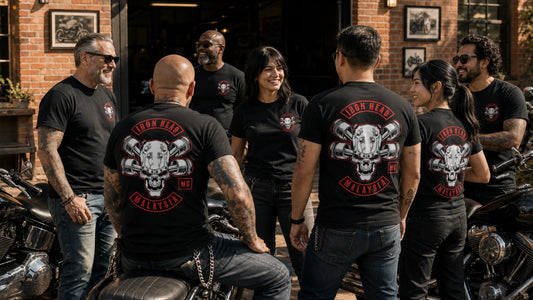 Iron Head MG members wearing coordinated short-sleeve motorcycle club T-shirts outside their clubhouse.