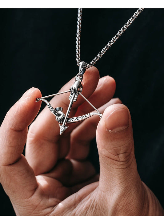 3D Bow and Arrow Sterling Silver Biker Pendant — front product view