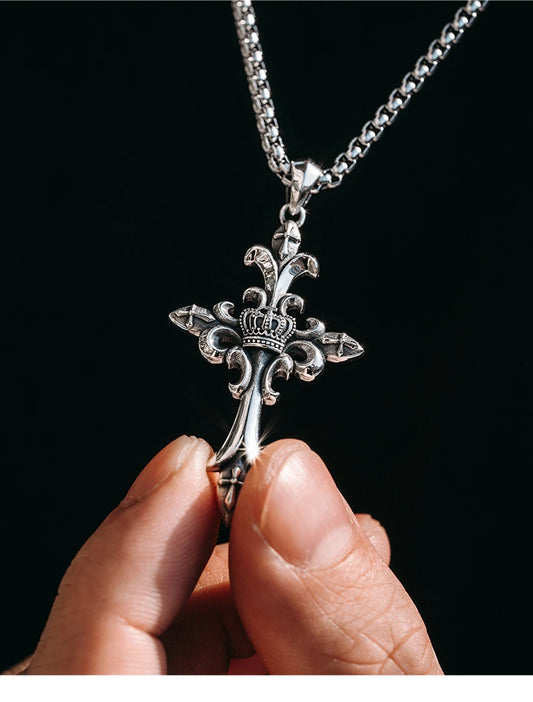 3D Crown Cross Sterling Silver Biker Pendant — front product view