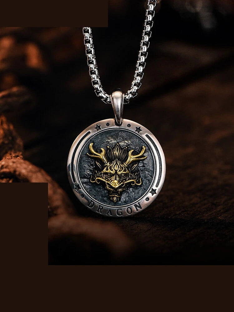 3D Dragon Head Sterling Silver Biker Pendant — clean product front view