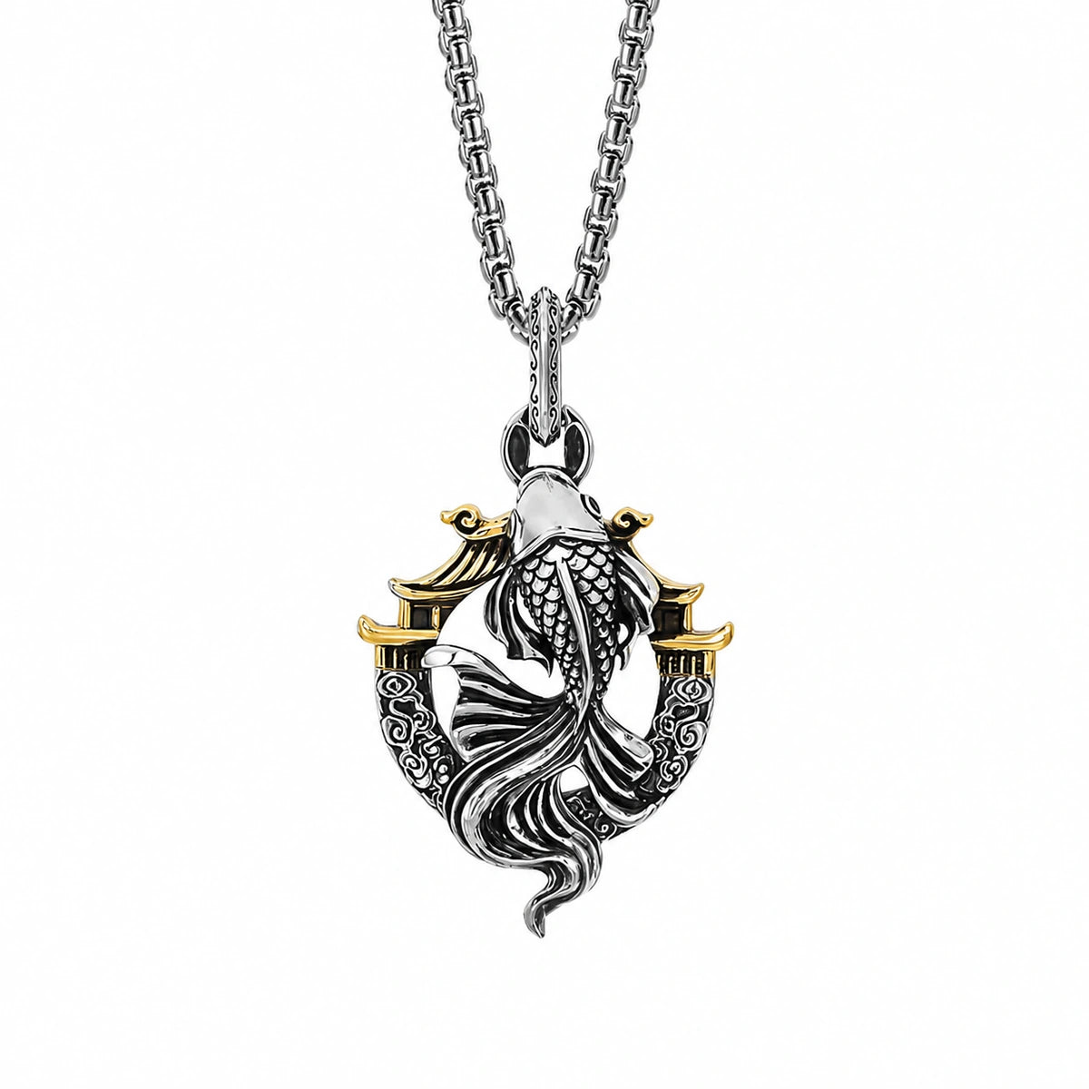 3D Koi Dragon Gate Sterling Silver Biker Pendant — clean product front view
