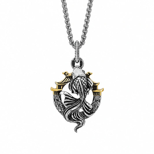 3D Koi Dragon Gate Sterling Silver Biker Pendant — clean product front view