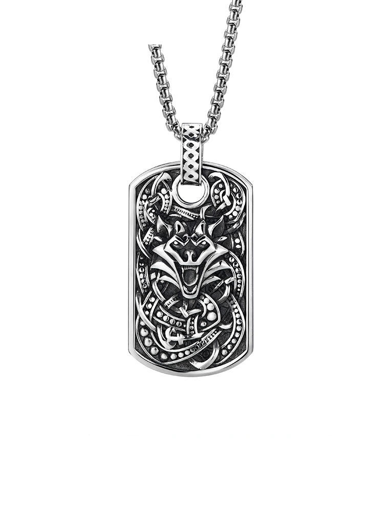 3D Owl Wolf Totem Sterling Silver Biker Pendant — clean product front view