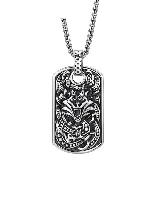 3D Owl Wolf Totem Sterling Silver Biker Pendant — clean product front view