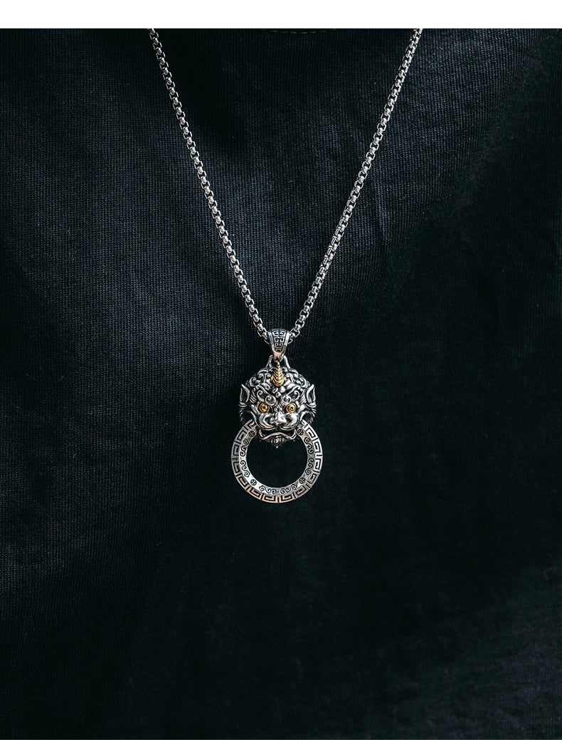 3D Pixiu Sterling Silver Biker Pendant — front product view