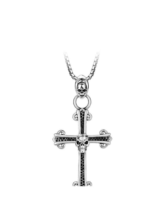 3D Skull Cross Sterling Silver Biker Pendant — clean product front view