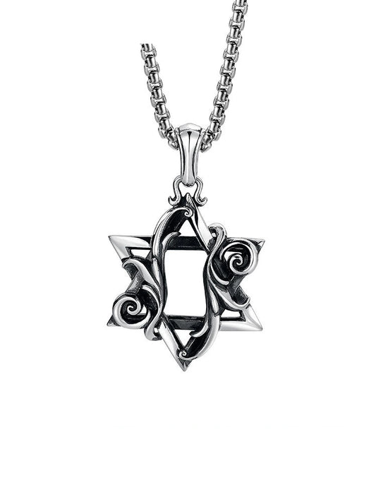 Acanthus Hexagram Sterling Silver Biker Pendant — clean product front view