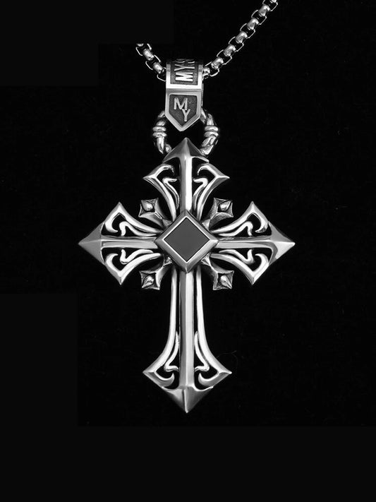 Black Onyx Large Cross Sterling Silver Biker Pendant — clean product front view