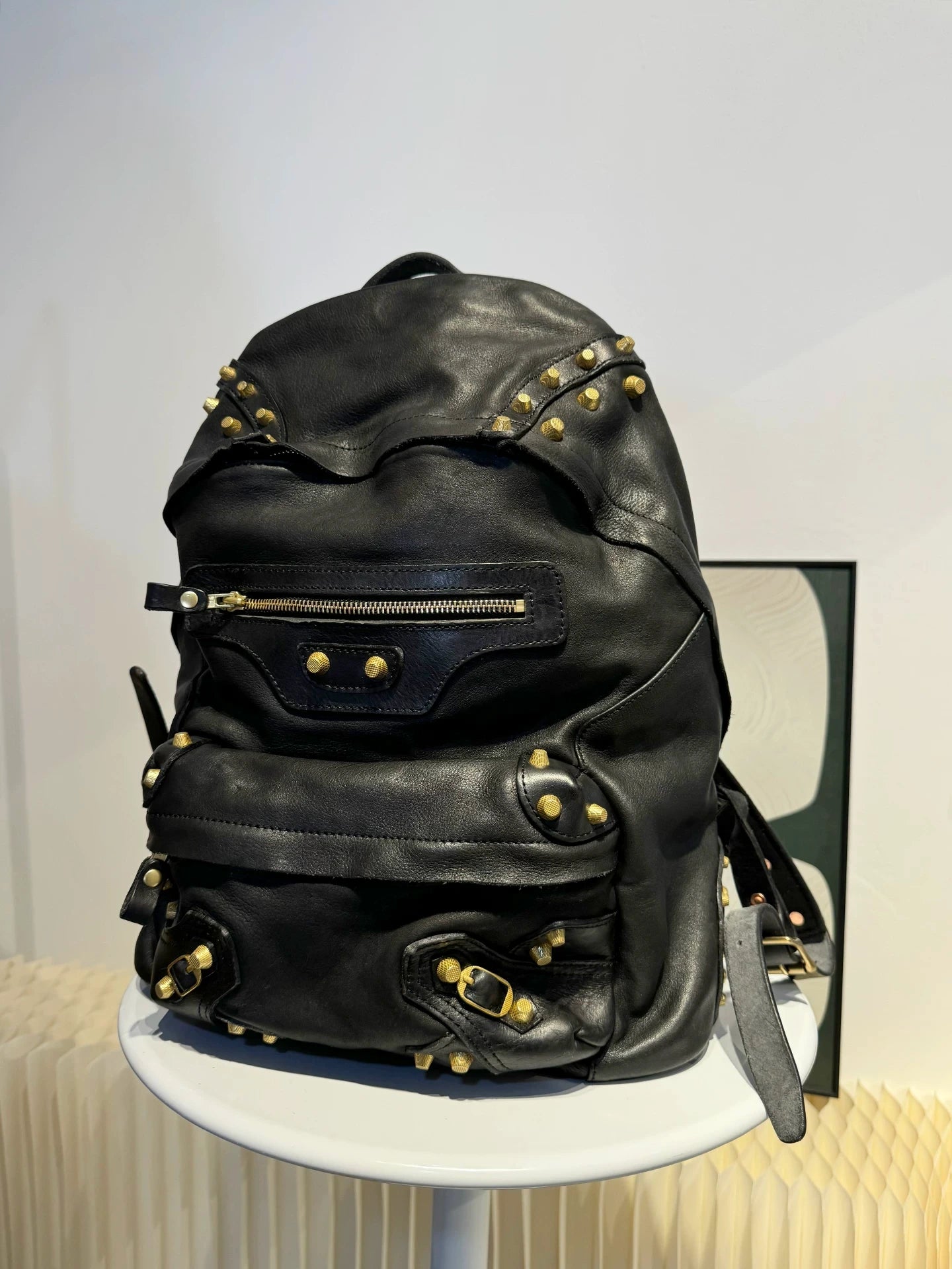 large black soft leather studded biker backpack 1