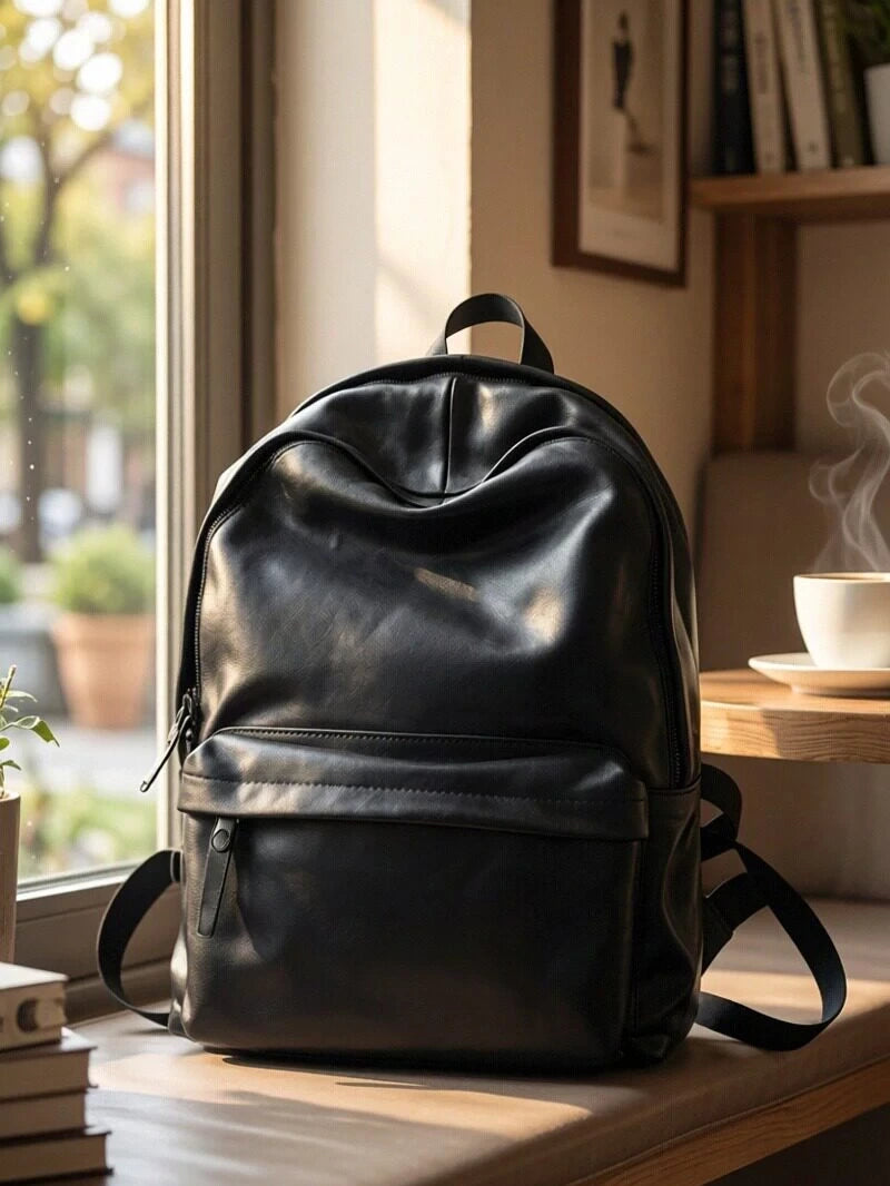 black leather business laptop backpack 1