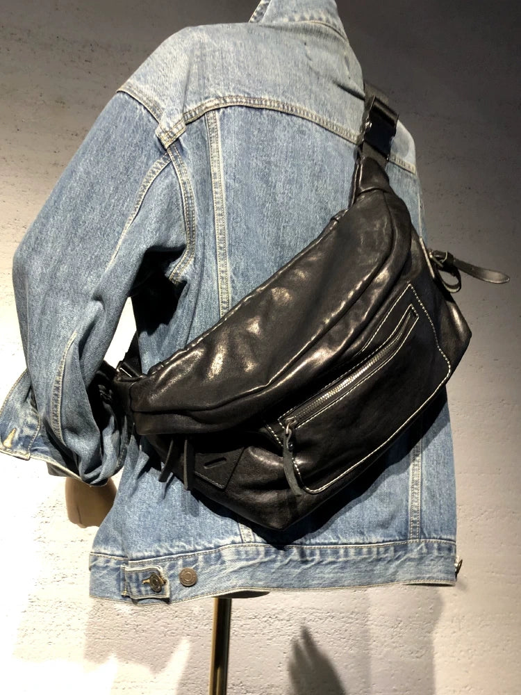 vegetable-tanned leather biker chest bag 1