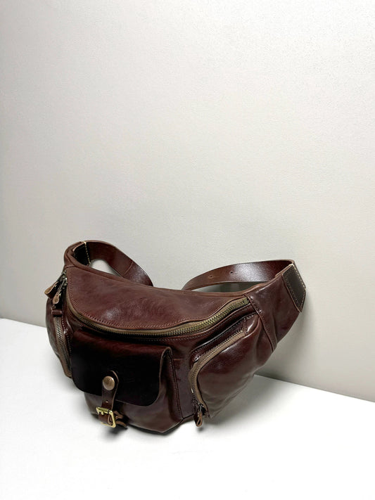 heavyweight vegetable-tanned leather biker sling bag 1