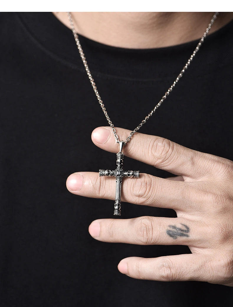 Crown Skull Column Cross Sterling Silver Pendant — front product view