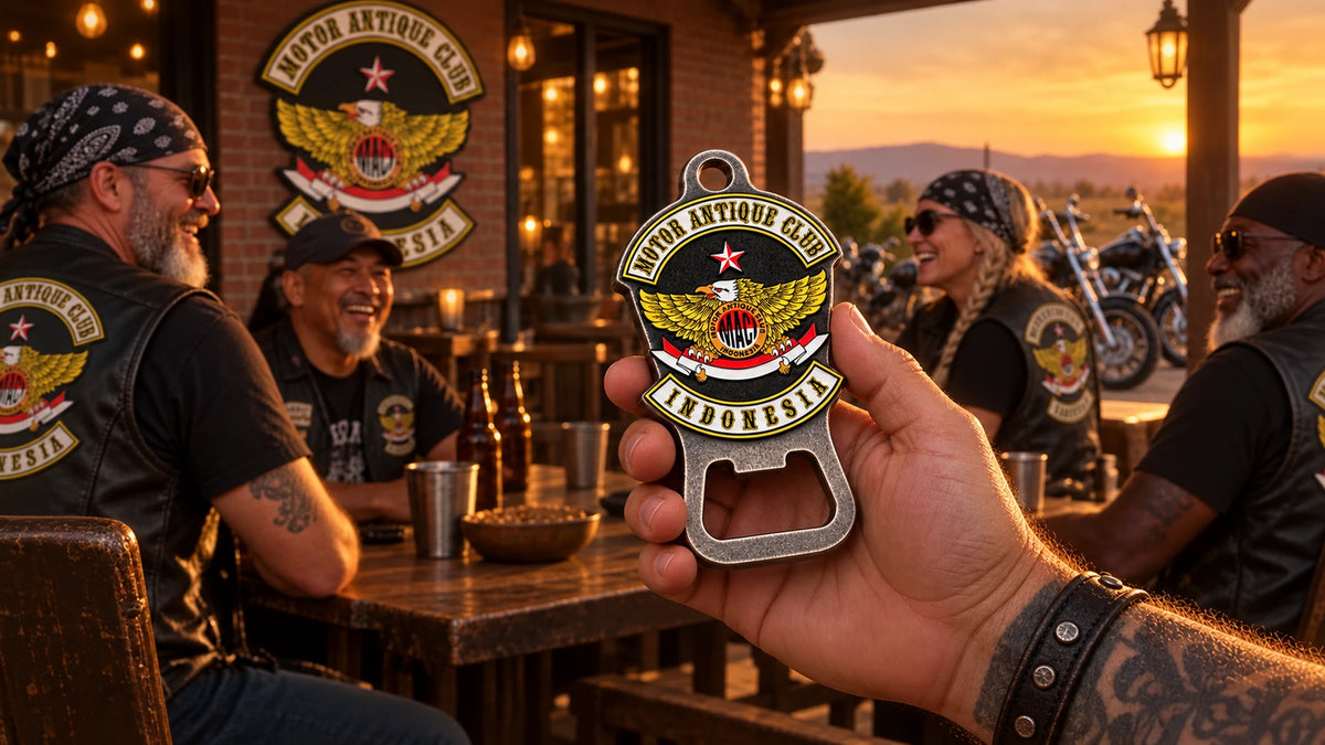 Complete solid custom motorcycle club bottle opener held at a clubhouse gathering with the full product visible.