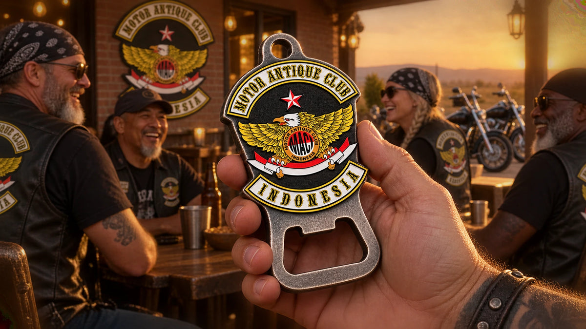 Motorcycle club members holding solid custom club bottle openers at a clubhouse bar.