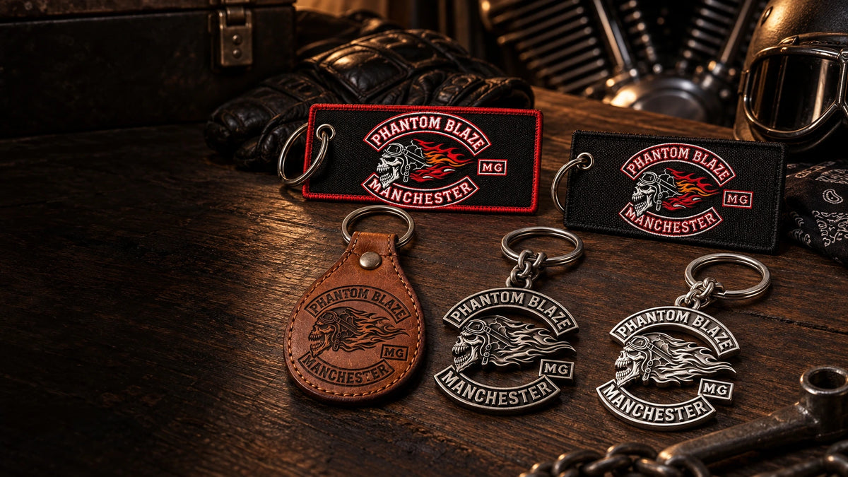 Custom motorcycle club keychains with an authorized club logo arranged beside a rider's gloves and motorcycle keys.
