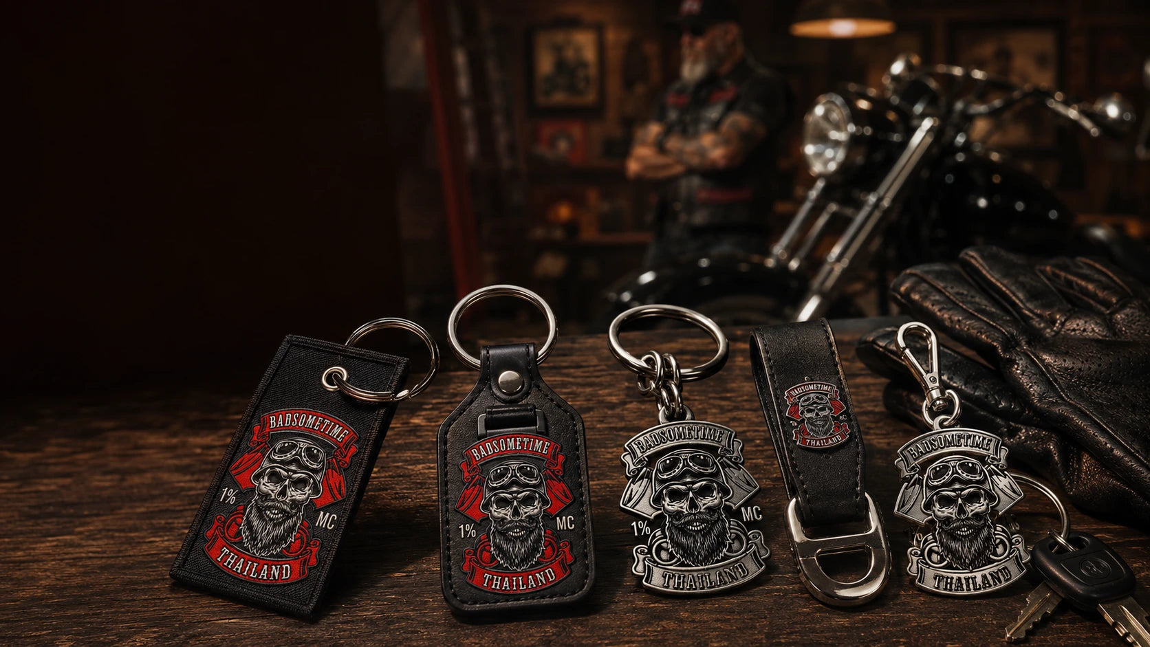 Custom motorcycle club keychains with an authorized club logo arranged beside a rider's gloves and motorcycle keys.
