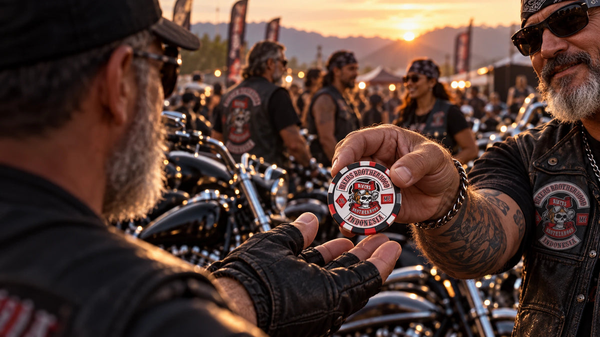 Motorcycle club riders trading solid custom club poker chips at an international rally.