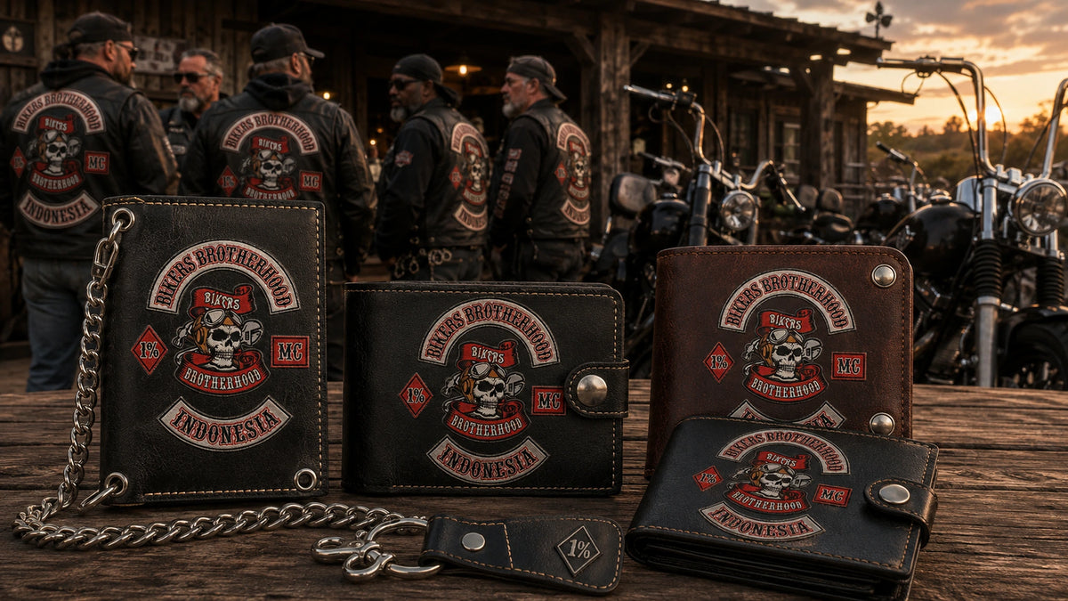 Custom motorcycle club leather wallets with an authorized club logo arranged beside riding gloves and a parked V-twin motorcycle.