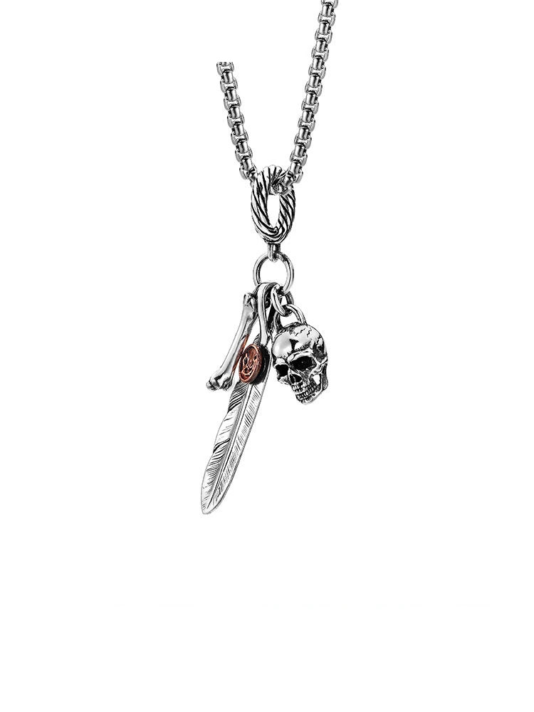 Feather Skull Sterling Silver Biker Pendant — clean product front view