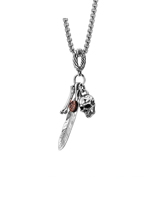 Feather Skull Sterling Silver Biker Pendant — clean product front view