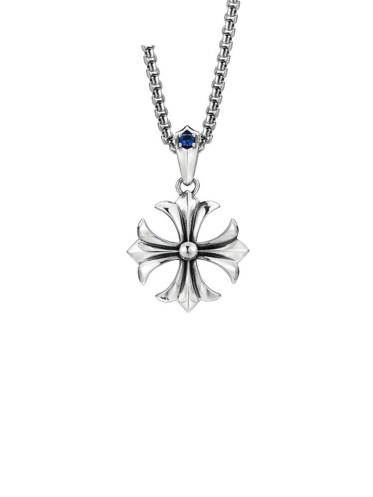 Fleur Cross Sterling Silver Biker Pendant — clean product front view 1