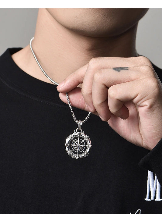 Fleur-de-Lis Compass Sterling Silver Biker Pendant — front product view