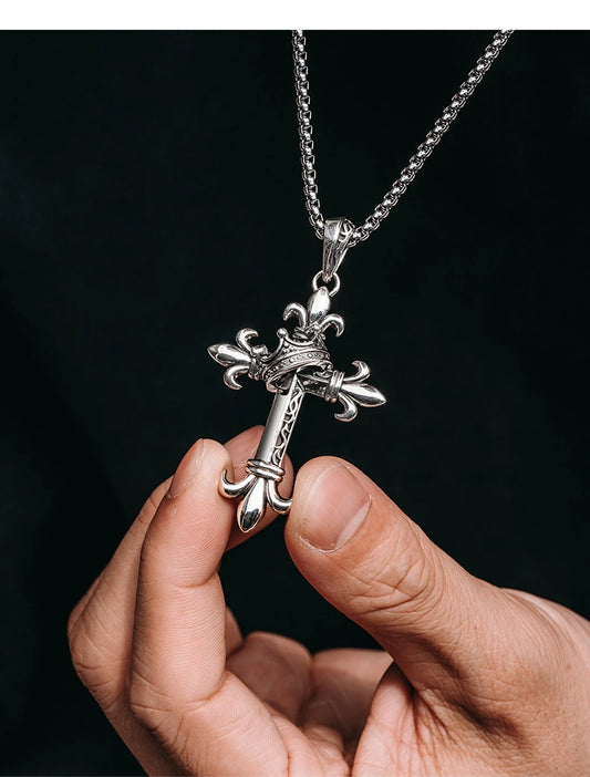 Fleur-de-Lis Crown Cross Sterling Silver Pendant — front product view