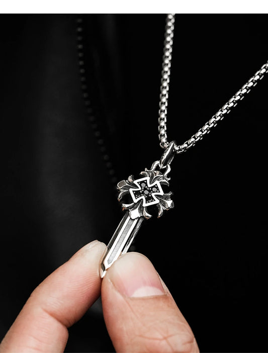 Fleur-de-Lis Sword Cross Sterling Silver Pendant — front product view