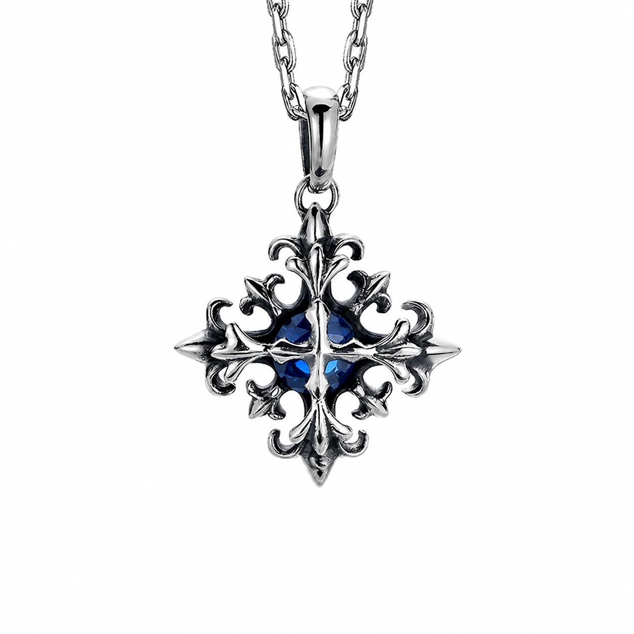 Gemstone Floral Cross Sterling Silver Biker Pendant — front product view