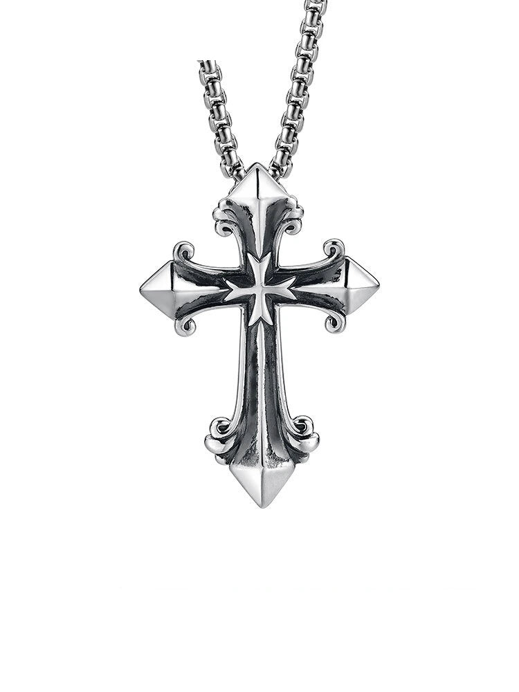 Gothic Fleur-de-Lis Cross Sterling Silver Biker Pendant — clean product front view