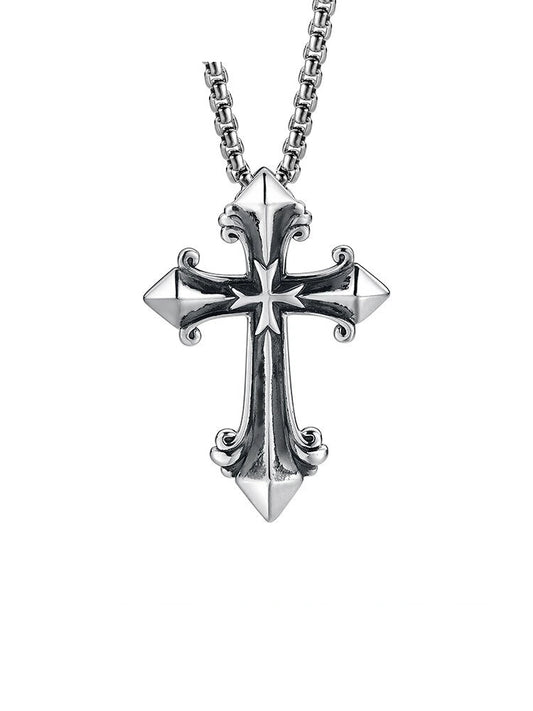Gothic Fleur-de-Lis Cross Sterling Silver Biker Pendant — clean product front view