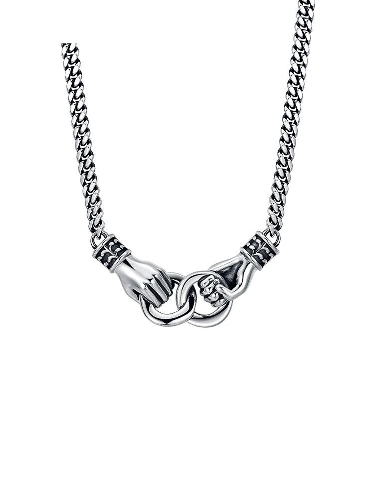 Handshake Double-Ring Cuban Sterling Silver Biker Necklace — clean product front view