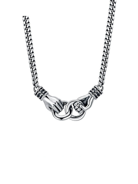 Handshake Double-Ring Cuban Sterling Silver Biker Necklace — clean product front view