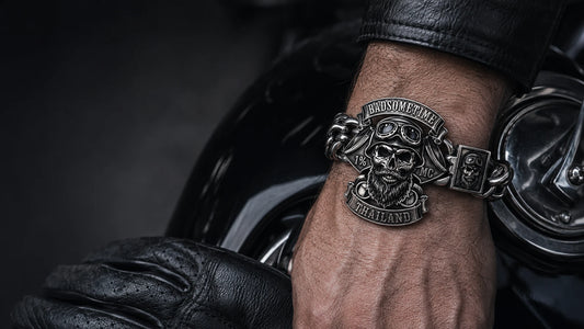 Custom Badsometime motorcycle club logo engineered into an oxidized silver biker bracelet