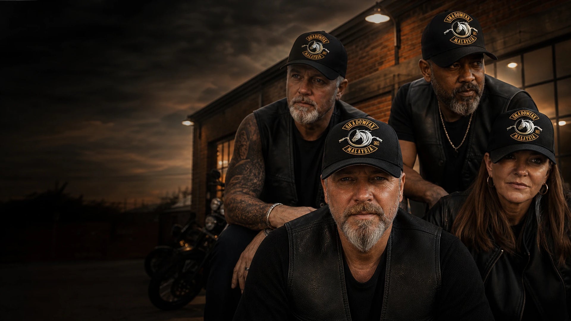 Motorcycle club members wearing custom biker baseball caps with an authorized club emblem outside a clubhouse.
