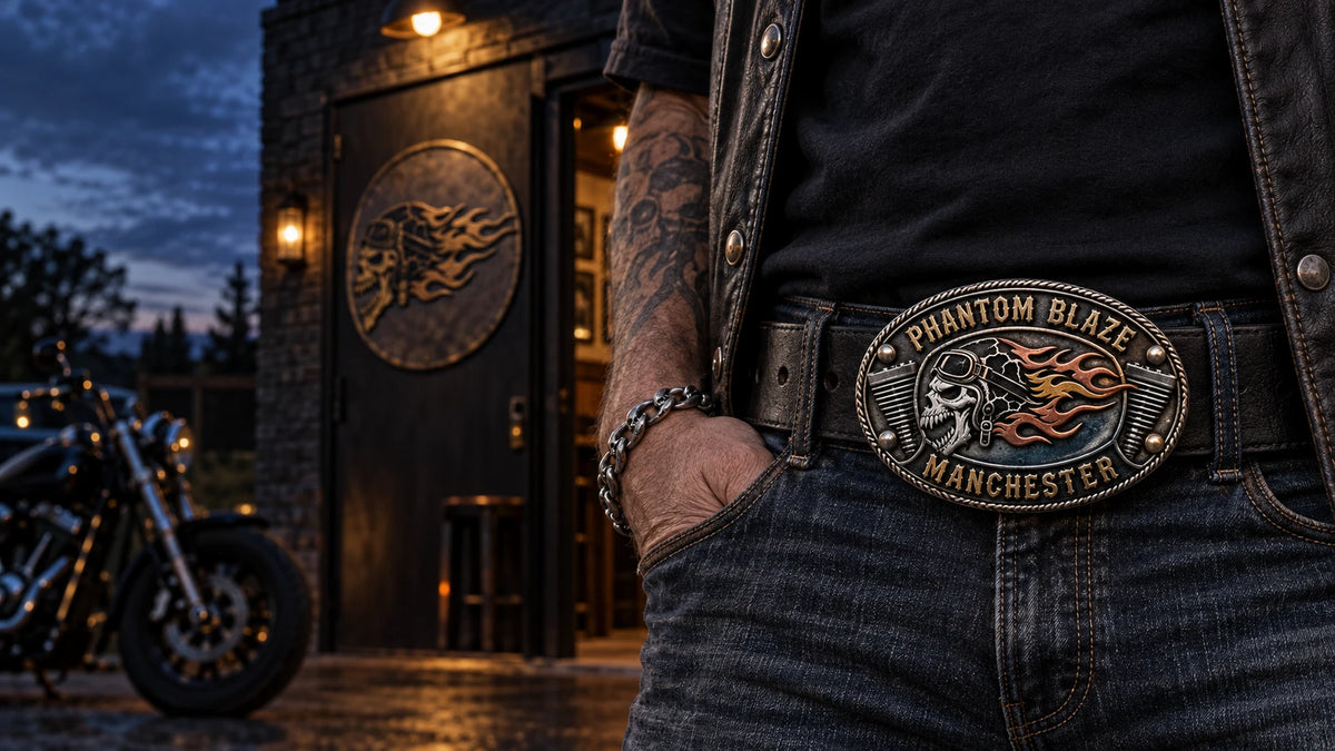 Phantom Blaze Manchester rider wearing an original mixed-metal motorcycle club belt buckle.