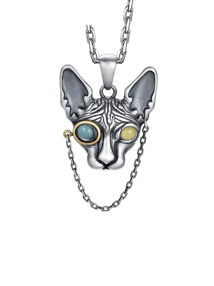 Mechanical Sphynx Cat Sterling Silver Biker Pendant — clean product front view