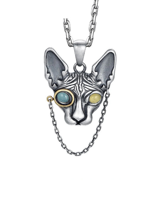 Mechanical Sphynx Cat Sterling Silver Biker Pendant — clean product front view