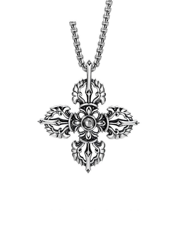 Micro-Engraved Vajra Cross Sterling Silver Biker Pendant — clean product front view