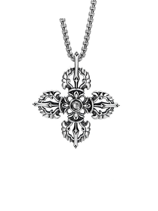 Micro-Engraved Vajra Cross Sterling Silver Biker Pendant — clean product front view