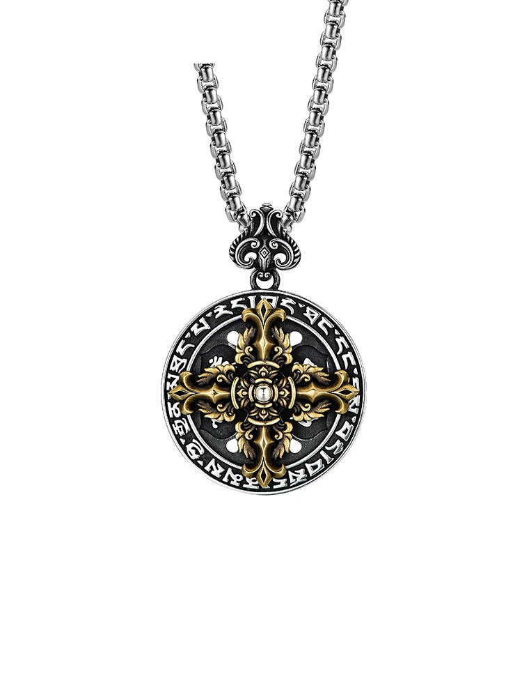 Rotating Mantra Vajra Sterling Silver Biker Pendant — clean product front view 1