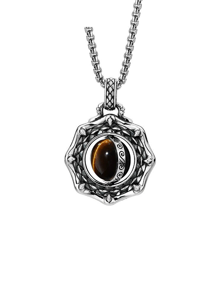 Rotating Tiger Eye Dragon Scale Sterling Silver Biker Pendant — clean product front view 1