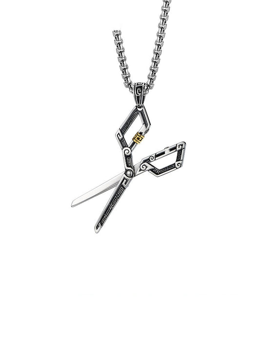 Scrollwork Scissors Sterling Silver Biker Pendant — clean product front view