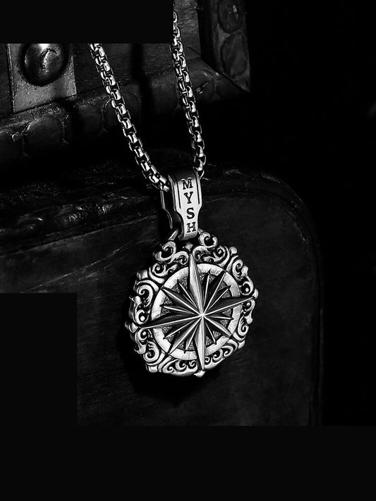 Starburst Compass Sterling Silver Biker Pendant — clean product front view