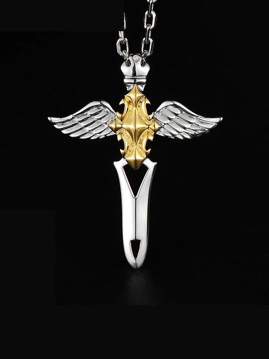 Two-Tone Angel Wing Cross Sterling Silver Biker Pendant — clean product front view