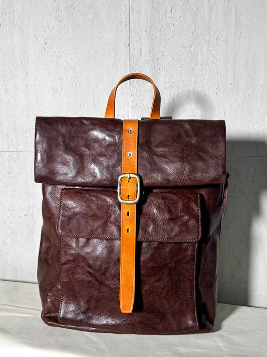 vintage color-block vegetable-tanned leather laptop backpack 1